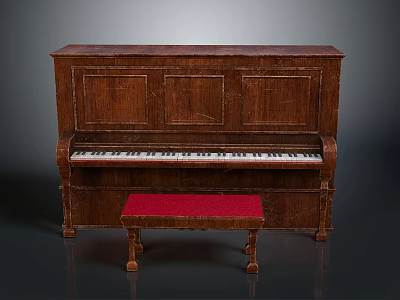 Vintage Brown Wooden Piano With Red Upholstered Stool For Home Living Space 3d model