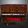 Vintage Brown Wooden Piano With Red Upholstered Stool For Home Living Space
