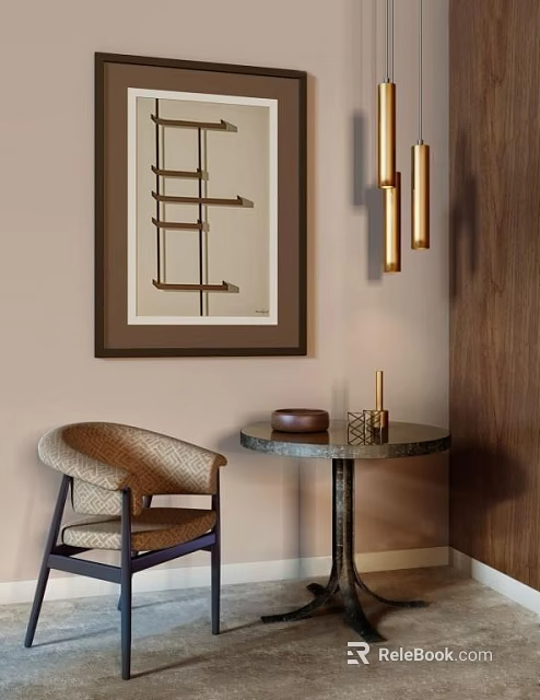Comfortable Accent Chair With Beige Fabric And Wooden Frame By Marble Side Table Decorative Painting 3d model 