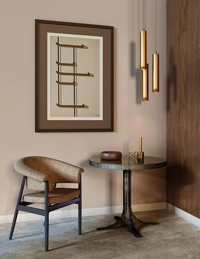 Comfortable Accent Chair With Beige Fabric And Wooden Frame By Marble Side Table Decorative Painting 3d model