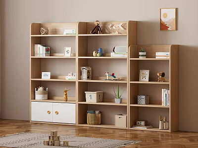 Wooden Bookshelf Interior with Storage Books Decorations Plants and Toys 3d model