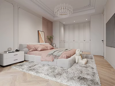 Cozy Children's Room Interior With Pink Bed Fluffy Rug White Nightstand And Teddy Bear 3d model