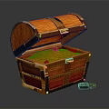 Open Wooden Chest Filled with Gold Coins and Metal Clasps