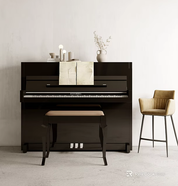 Musical Instruments And Art Supplies Display With Black Piano Beige Bench And Sheet Music 3d model 