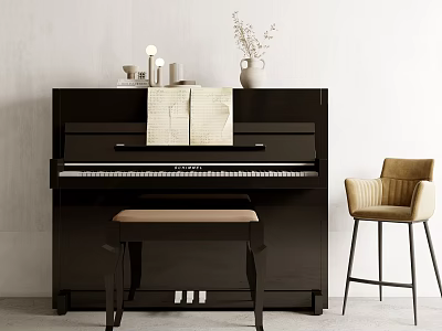 Musical Instruments And Art Supplies Display With Black Piano Beige Bench And Sheet Music 3d model