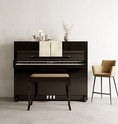Musical Instruments And Art Supplies Display With Black Piano Beige Bench And Sheet Music 3d model