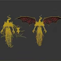 Two Fantasy Winged Creatures With Red Blue Wings And Ornate Costumes In Dark Fantasy Design