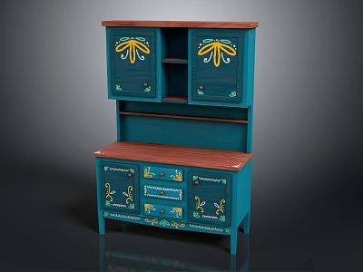 Blue Storage Cabinet With Decorative Patterns And Yellow Floral Designs Two Tier Structure Wooden Top 3d model
