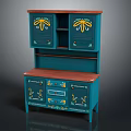 Blue Storage Cabinet With Decorative Patterns And Yellow Floral Designs Two Tier Structure Wooden Top