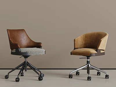 Stylish Office Chairs Featuring Brown Leather Beige Fabric Patterned Seats And Swivel Wheels 3d model