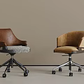 Stylish Office Chairs Featuring Brown Leather Beige Fabric Patterned Seats And Swivel Wheels