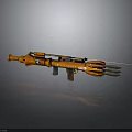 Orange Multi Barrel Mechanical Weapon With Rope And Futuristic Design
