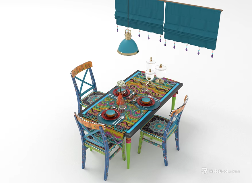 Colorful Patterned Dining Table Set with Blue Pendant Light Curtains Tassels and Tableware 3d model 
