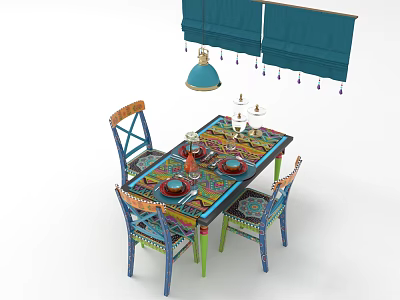 Colorful Patterned Dining Table Set with Blue Pendant Light Curtains Tassels and Tableware 3d model