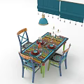 Colorful Patterned Dining Table Set with Blue Pendant Light Curtains Tassels and Tableware