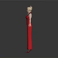 Woman In Long Red Dress With V Neck Design Standing On White Background