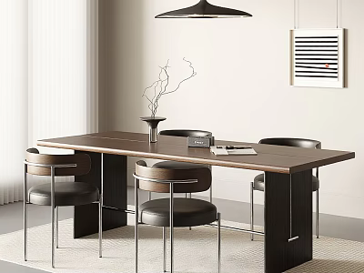 Modern Interior Wooden Dining Table Set With Four Chairs And Twig Vase 3d model