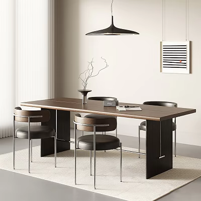 Modern Interior Wooden Dining Table Set With Four Chairs And Twig Vase 3d model