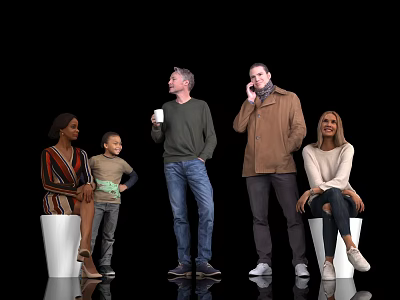 Group of People Interacting Standing and Sitting with White Seats on Black Background 3d model