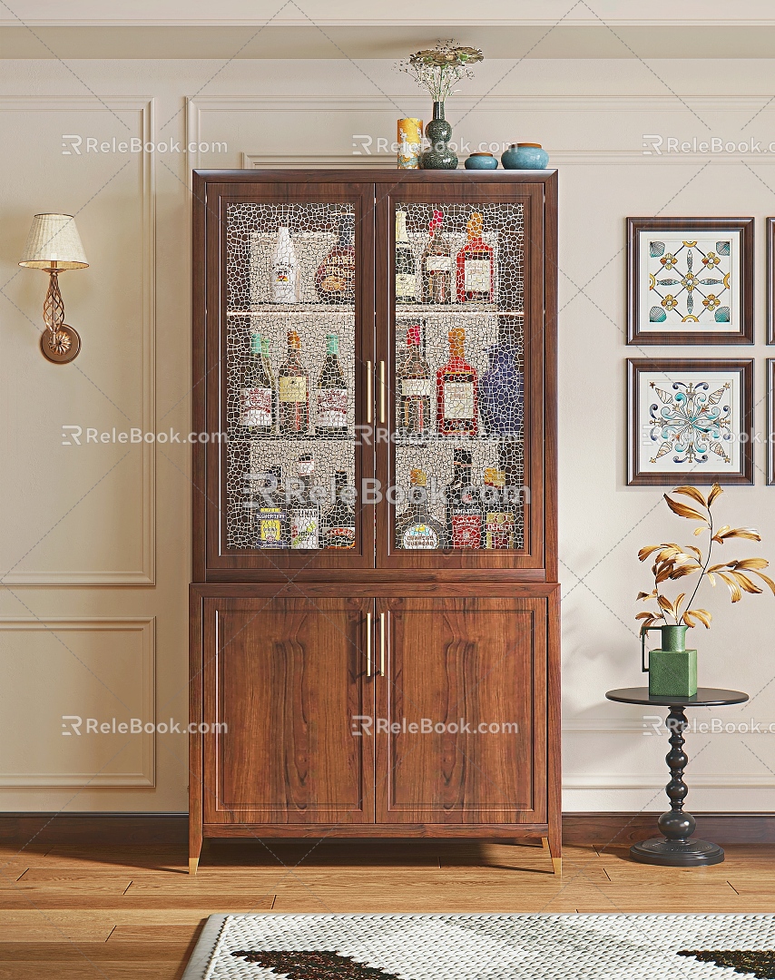 Antique Wine Cabinet Wine Bottle Ornaments Side Vase Wall Lamp Decorative Painting 3d model