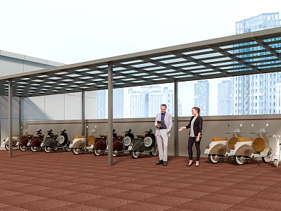 Outdoor Canopy Structure For Motorcycle Parking With Urban Building Background And People 3d model