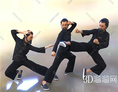 Man Demonstrating Multiple Martial Arts Poses In Black Traditional Clothing 3d model