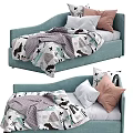 Light Blue Kids Bed Frame With Dinosaur Tree Print Bedding And Soft Pillows
