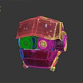 Red Mechanical Weapon Helmet With Two Black Circular Lenses White Splatters And Metal Base