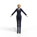 Man in dark blue suit with tie and blonde hair standing arms outstretched