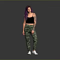Woman With Purple Hair Black Tank Top Camouflage Pants Arm Tattoos And White Shoes Standing