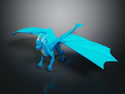 Shiny Blue Dragon Fantasy Creature 3D Model With Wings And Horns On Dark Background 3d model