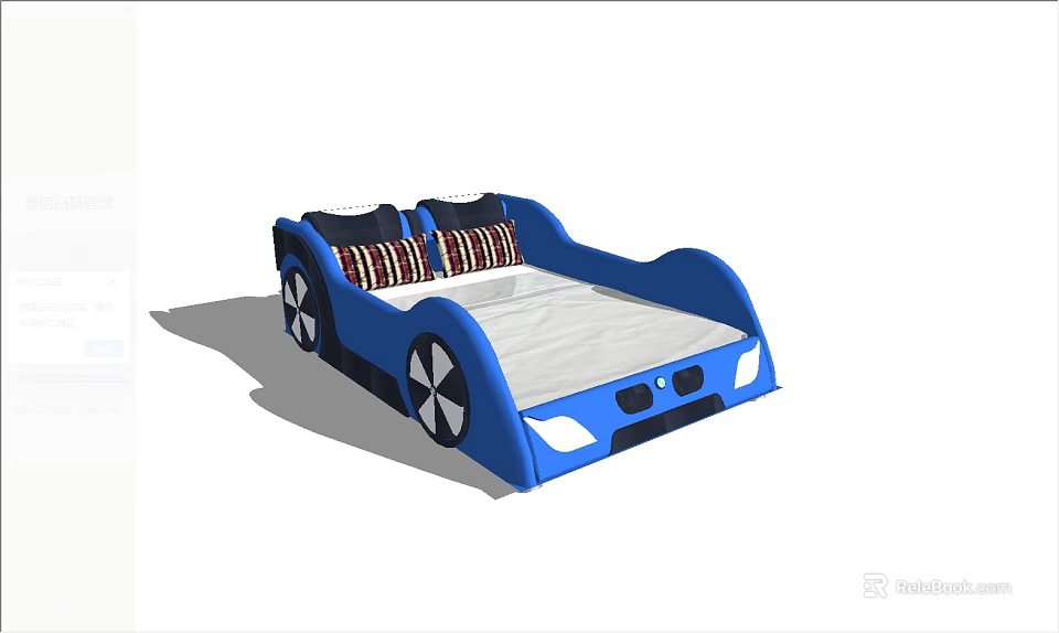 Kids Car Shaped Blue Children Bed With Black Wheel Design And Checkered Pillows 3d model 