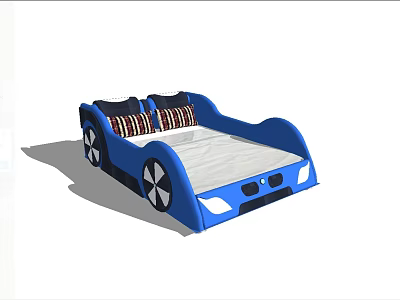 Kids Car Shaped Blue Children Bed With Black Wheel Design And Checkered Pillows 3d model