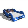 Kids Car Shaped Blue Children Bed With Black Wheel Design And Checkered Pillows