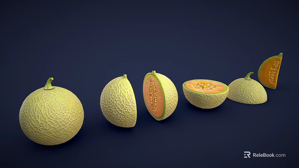 Fresh Cantaloupe Whole And Sliced Displaying Orange Flesh And Seeds On Dark Background 3d model 