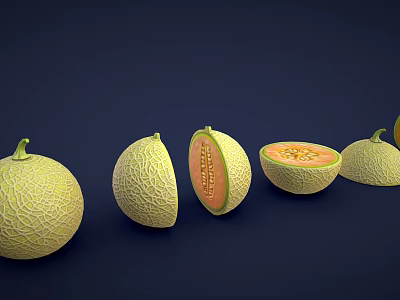 Fresh Cantaloupe Whole And Sliced Displaying Orange Flesh And Seeds On Dark Background 3d model