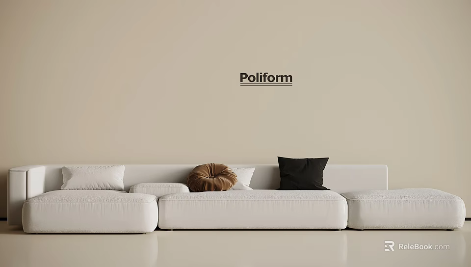 White Three Seater Sofa with White Tan and Black Cushions on Beige Poliform Wall 3d model 