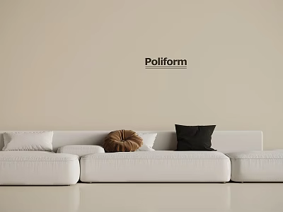 White Three Seater Sofa with White Tan and Black Cushions on Beige Poliform Wall 3d model