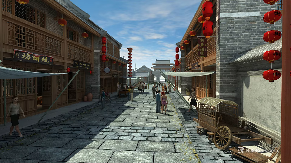 Traditional Commercial Street With Red Lanterns Stone Paved Road And Pedestrians 3d model 