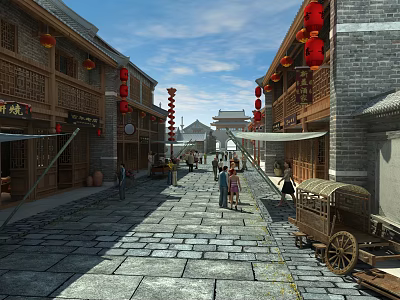 Traditional Commercial Street With Red Lanterns Stone Paved Road And Pedestrians 3d model