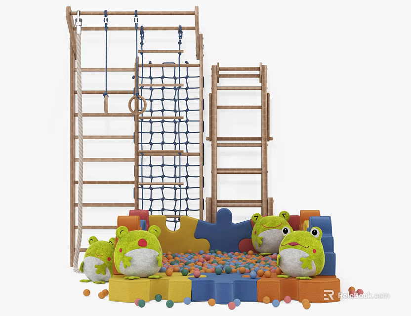 Kids Wooden Play Equipment Climbing Frame Rope Net Ladder Colorful Ball Pit Frog Shaped Cushions 3d model 