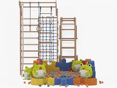 Kids Wooden Play Equipment Climbing Frame Rope Net Ladder Colorful Ball Pit Frog Shaped Cushions 3d model