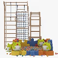 Kids Wooden Play Equipment Climbing Frame Rope Net Ladder Colorful Ball Pit Frog Shaped Cushions