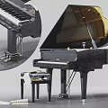 Elegant Black Grand Piano Musical Instruments With Piano Stool And Sheet Music