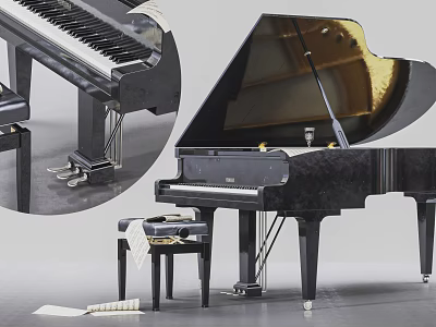 Elegant Black Grand Piano Musical Instruments With Piano Stool And Sheet Music 3d model
