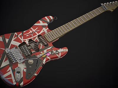 Unique Electric Guitar With Red And White Geometric Artistic Painting Design 3d model