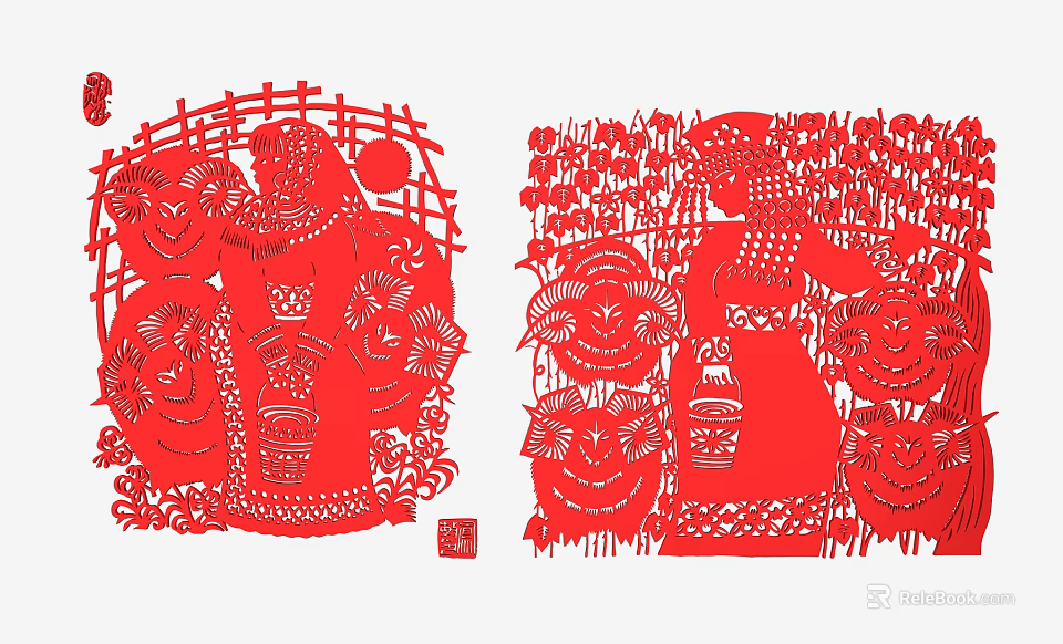 Traditional Red Paper Cut Wall Decor With Figures And Floral Patterns 3d model 