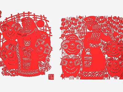 Traditional Red Paper Cut Wall Decor With Figures And Floral Patterns 3d model