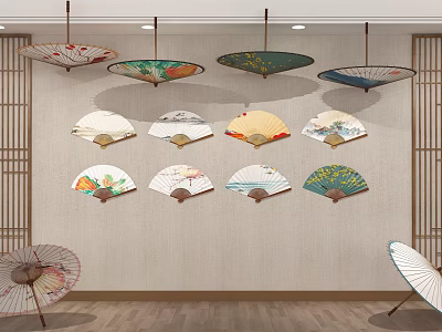 New Oil Paper Umbrella Oil Paper Umbrella Folding Fan Drama Fan New Fan Folding Fan Pendant 3d model