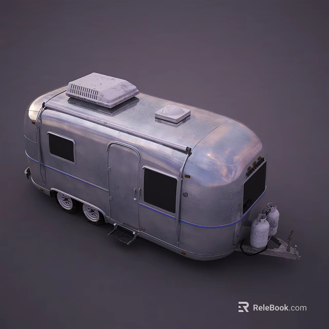 Vintage Silver Car Trailer With Roof Vents Blue Stripe Side Windows And Gas Cylinders 3d model 